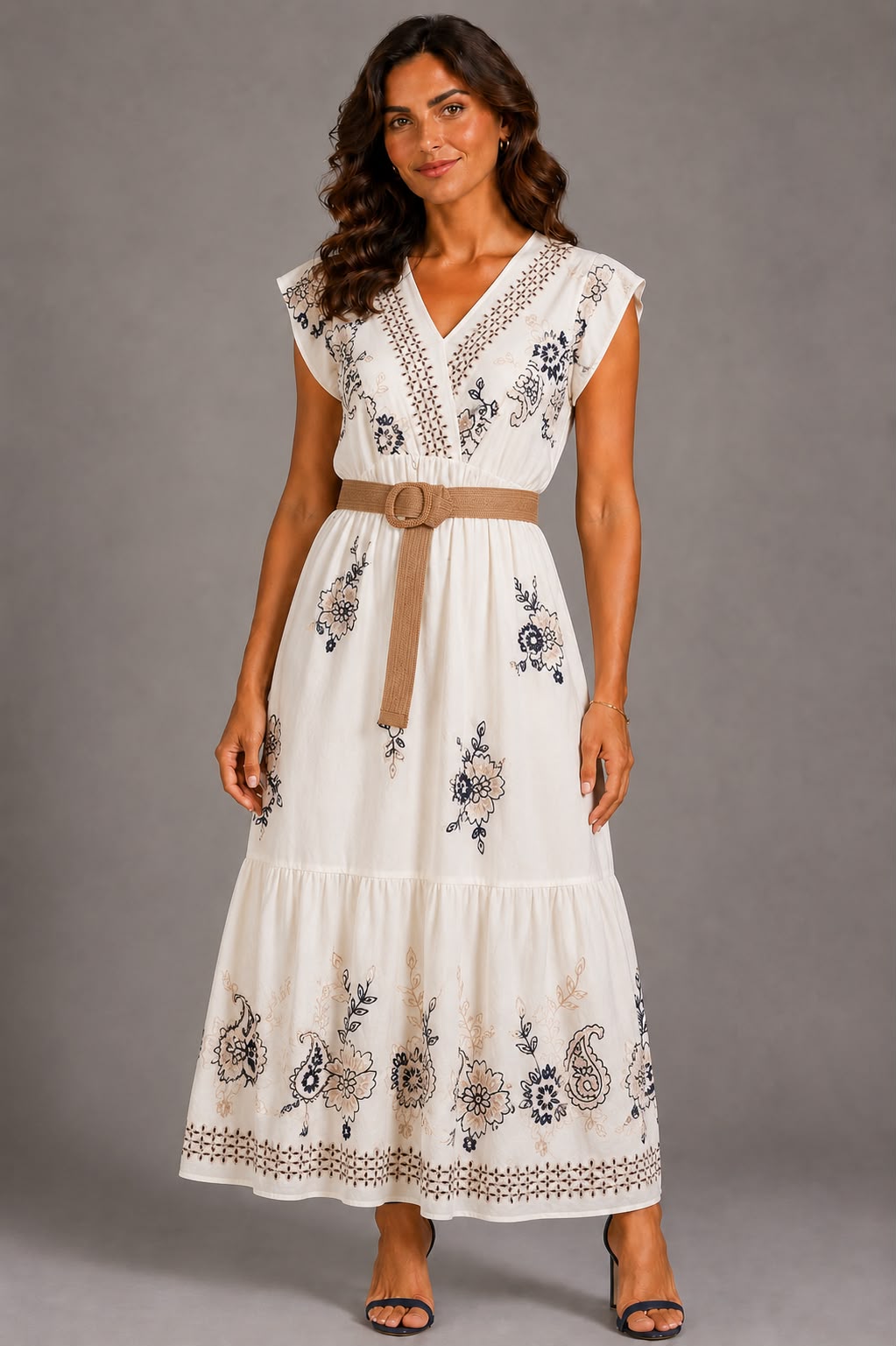 Vestito Lungo con Cintura - Beige/Blu
