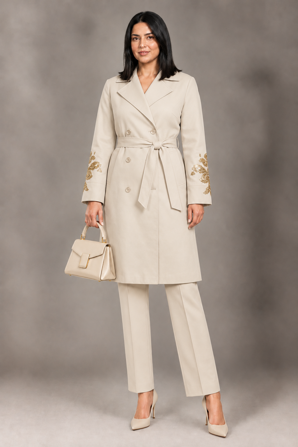 Trench con ricami d'oro - Nero/Beige