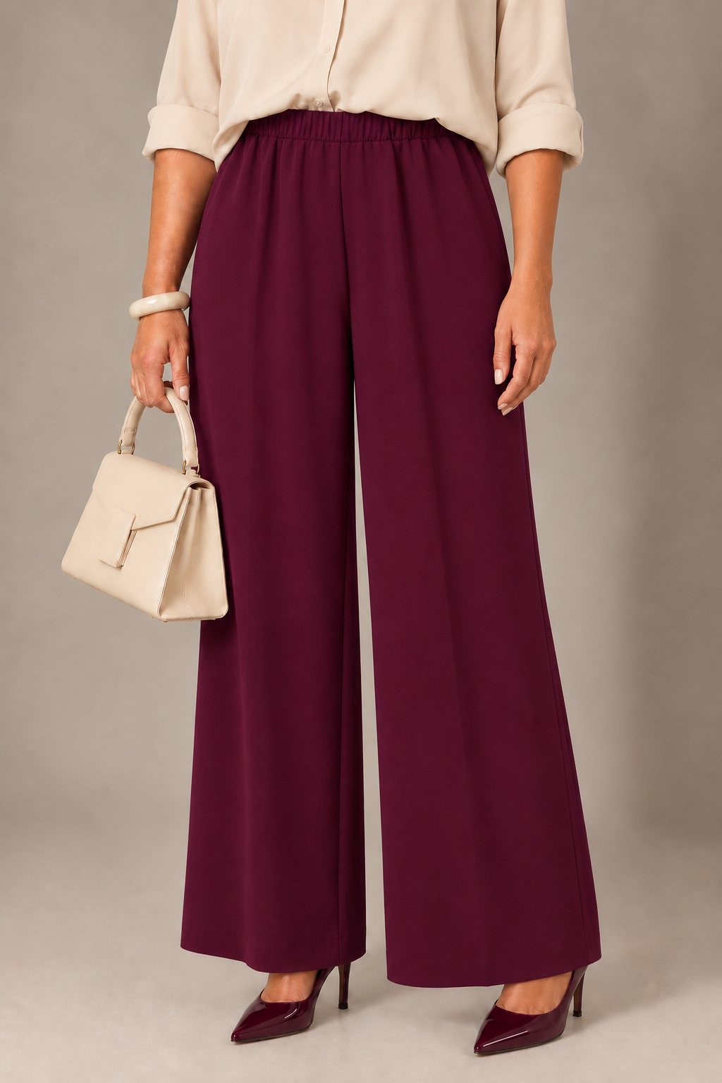 Pantalone palazzo con elastico in vita-Bordeaux