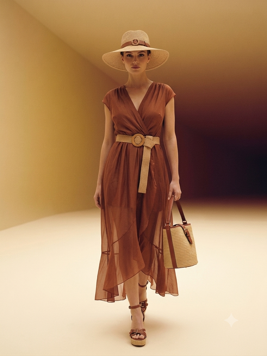 Vestito di Georgette con Cintura - Marrone/Verde/Arancione