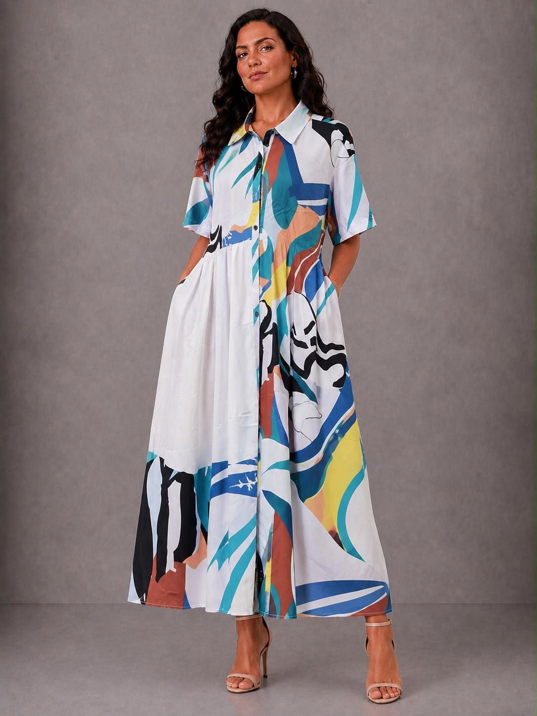 Vestito Lungo Fantasia - Bianco/ Nero