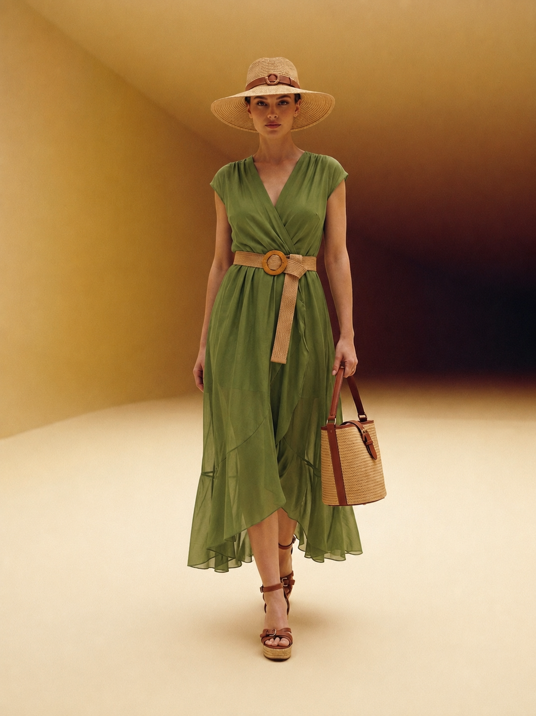 Vestito di Georgette con Cintura - Marrone/Verde/Arancione