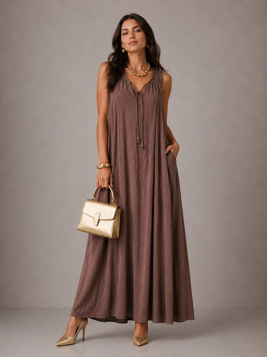 Vestito Over di Lino - Marrone/Verde