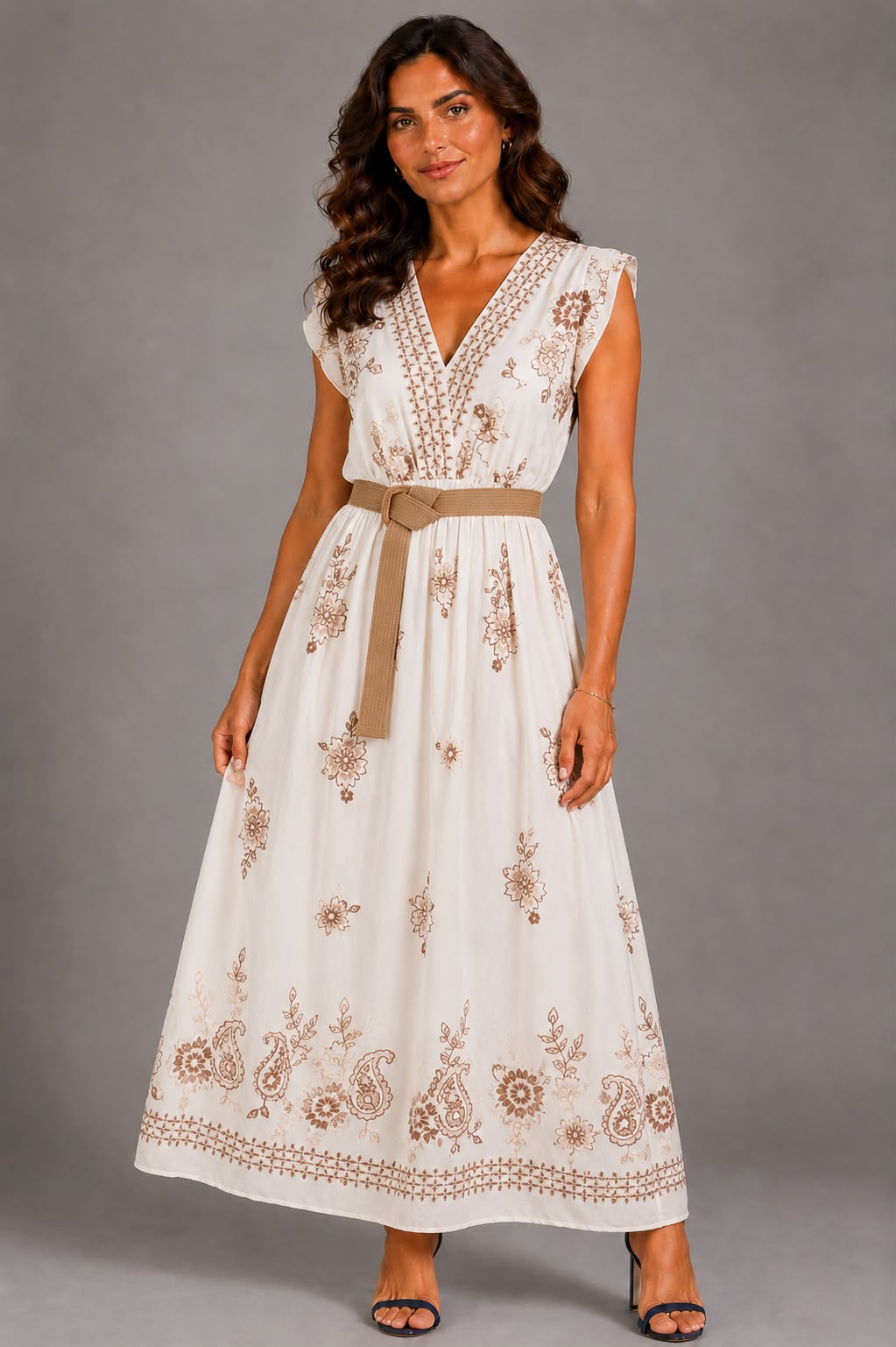 Vestito Lungo con Cintura - Beige/Blu