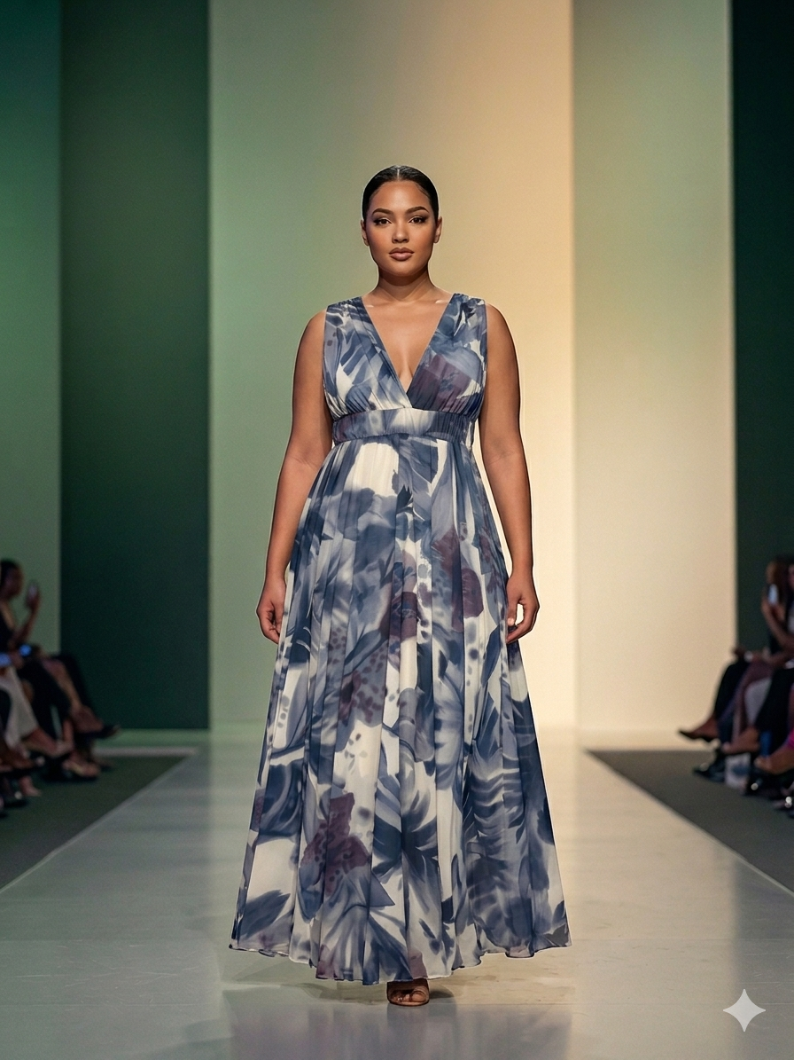 Vestito Lungo di Georgette - Marrone/Blu