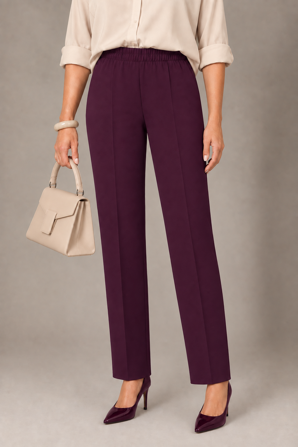 Pantalone di viscosa con elastico in vita - Marrone/Bordeaux/Nero