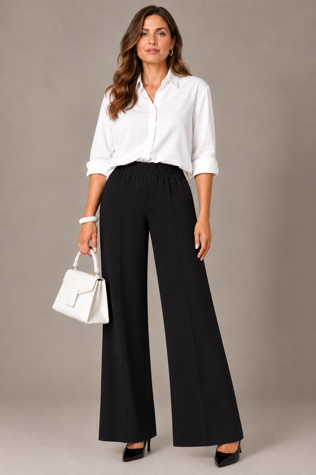 Pantalone a zampa  con elastico in vita - Nero/Marrone/Tabacco
