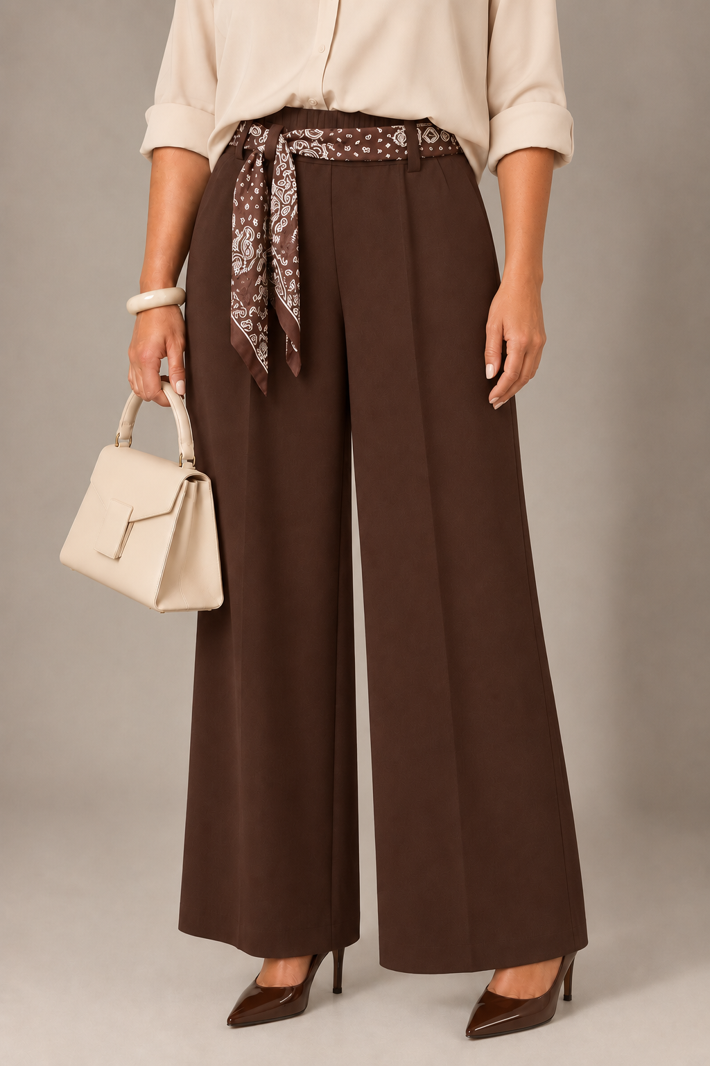 Pantalone con fular ed elastico in vita - Nero/ Marrone