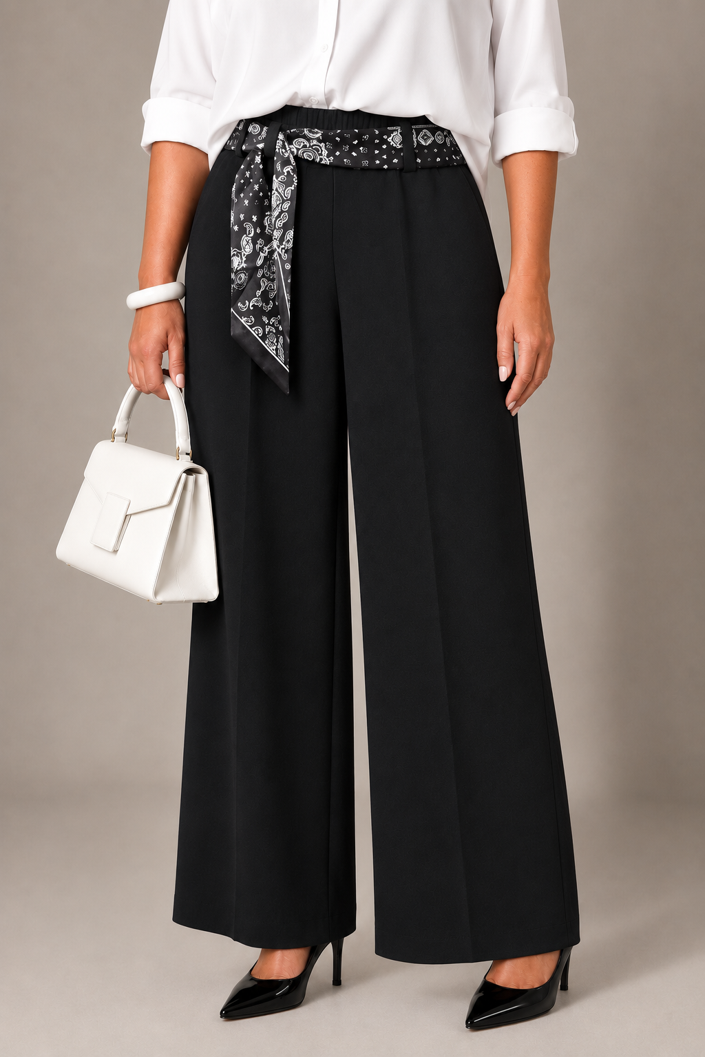 Pantalone con fular ed elastico in vita - Nero/ Marrone