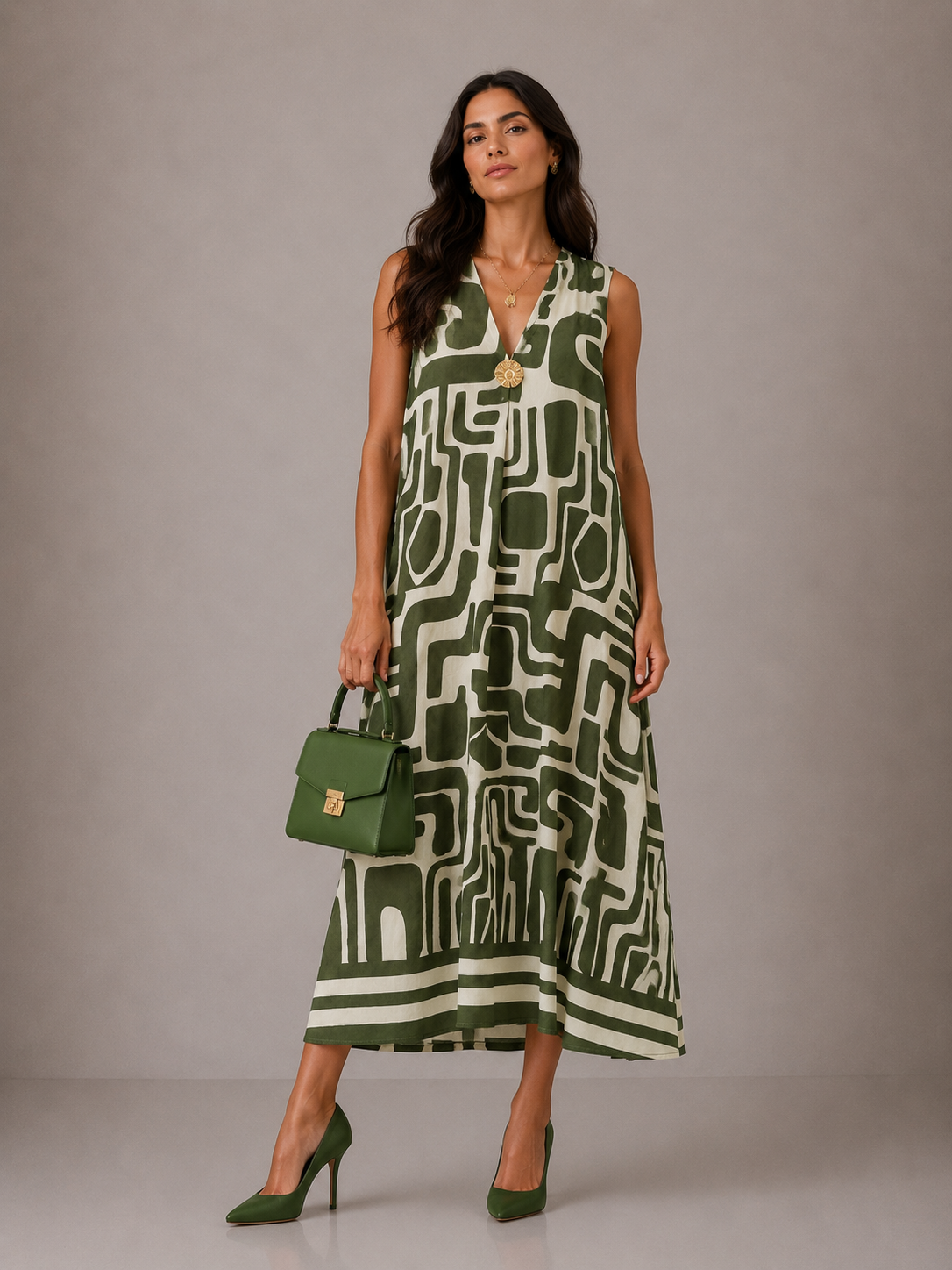 Vestito Fantasia con Ciondolo - Verde/Marrone/Nero