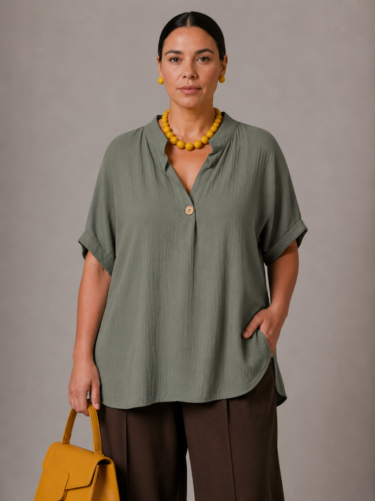 Camicetta in Lino - Verde/Corallo/Marrone/Blu/Nero
