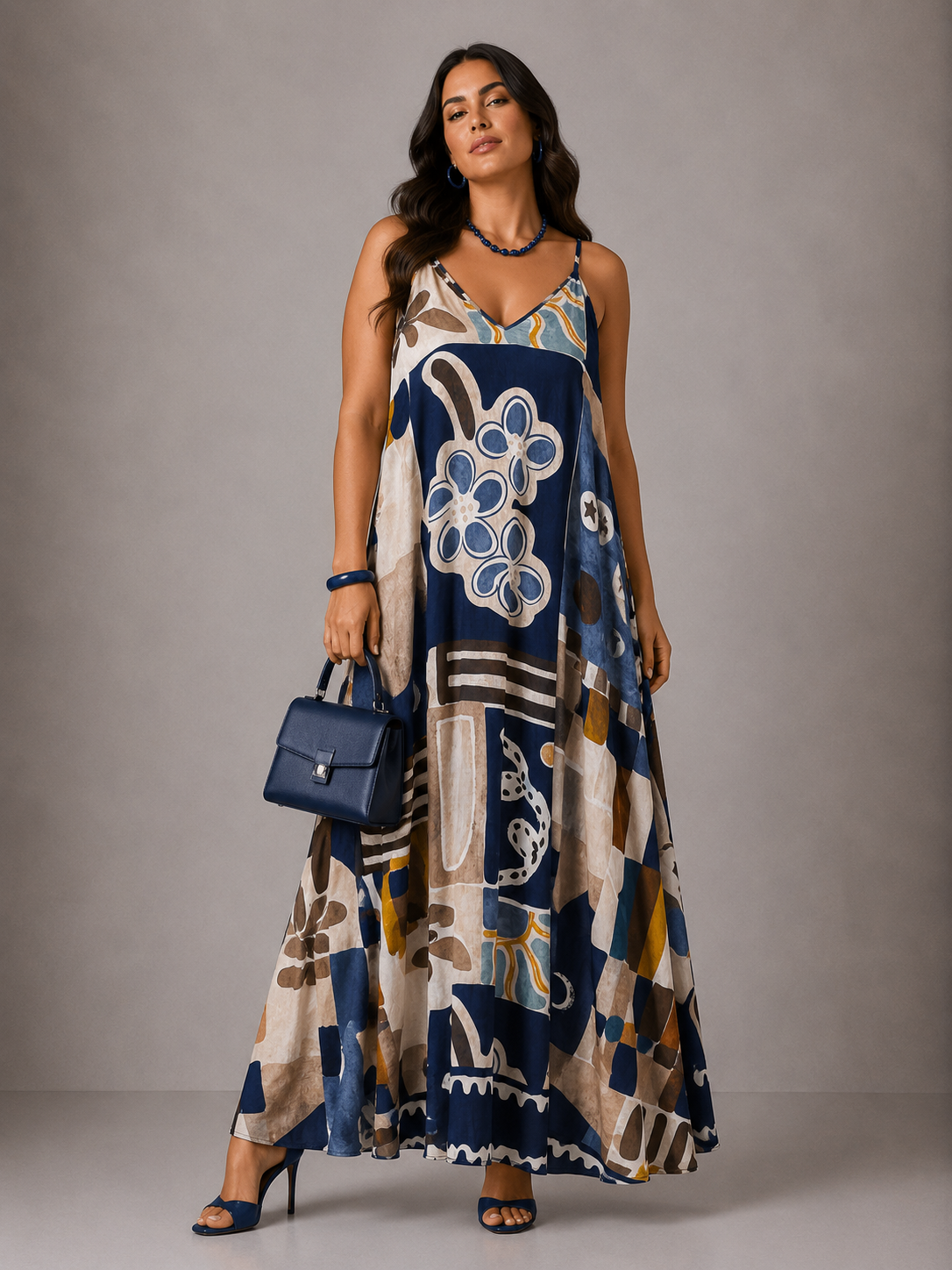 Vestito Lungo Fantasia - Rosa/Blu/Oro