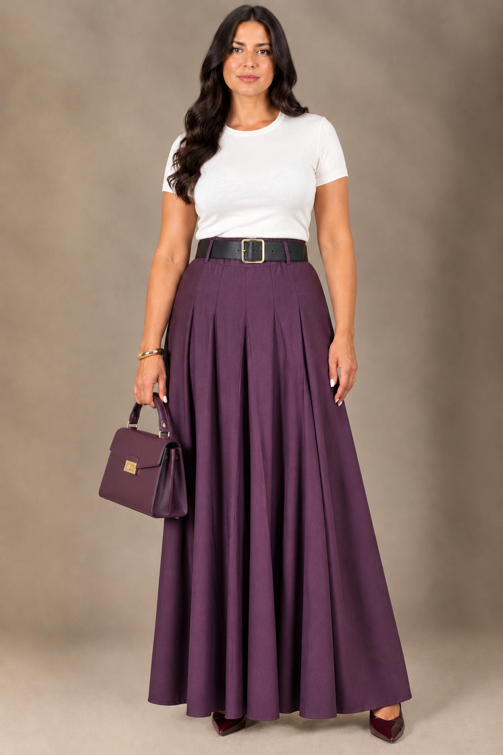 Gonna Lunga con Cintura - Bordeaux/Nero/Marrone