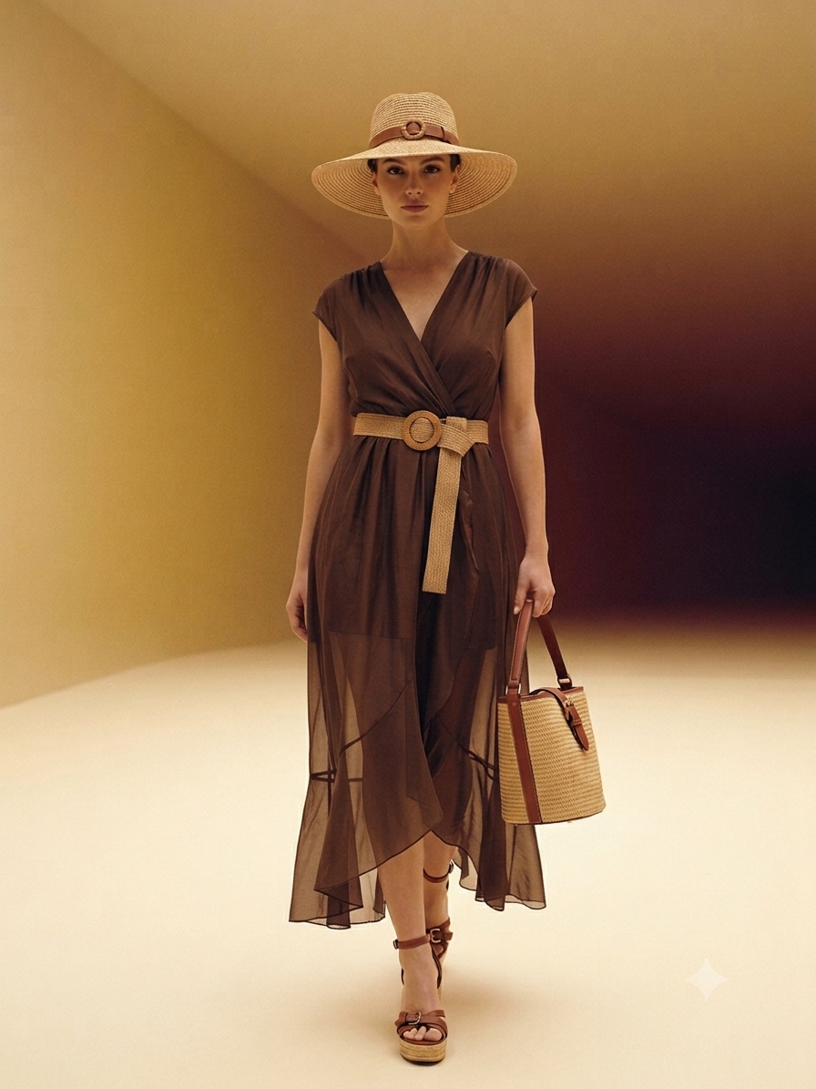 Vestito di Georgette con Cintura - Marrone/Verde/Arancione