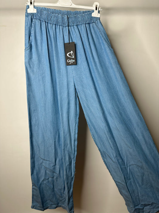 Pantaloni Palazzo di Chambray con Tasche, Chika - Blu