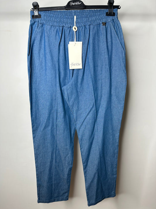 Pantaloni Tasca America di Chambray, Elastico in Vita, Lady Chic - Blu