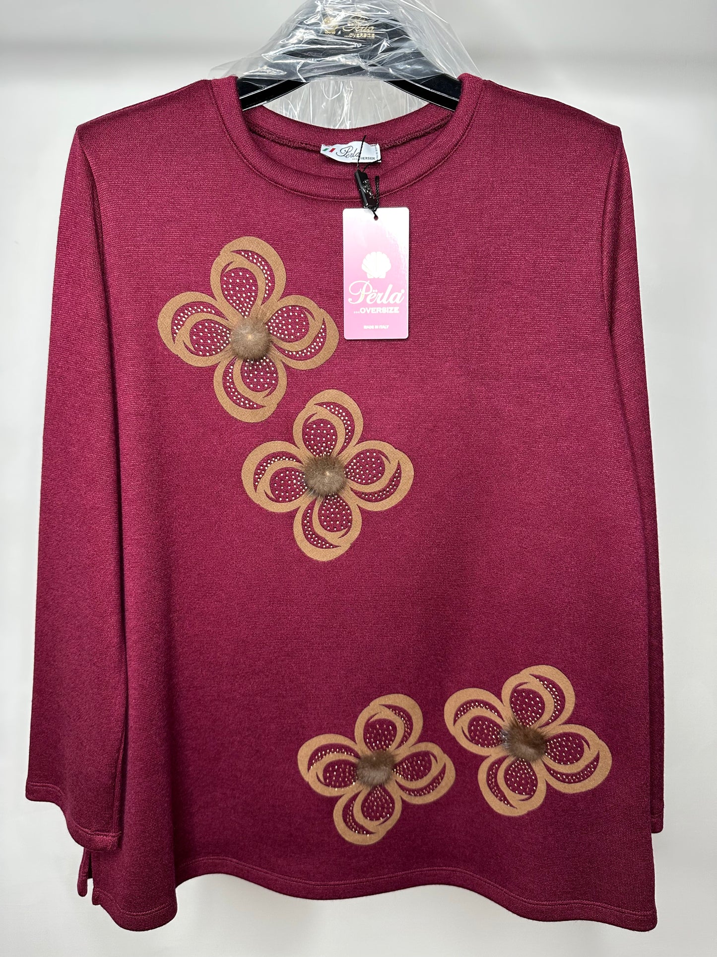 Maglia di Lana a Fiori, Perla - Bordeaux