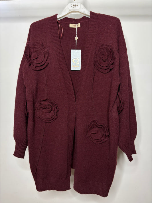 Cardigan con Rose, Chika - Bordeaux/Grigio/Fango
