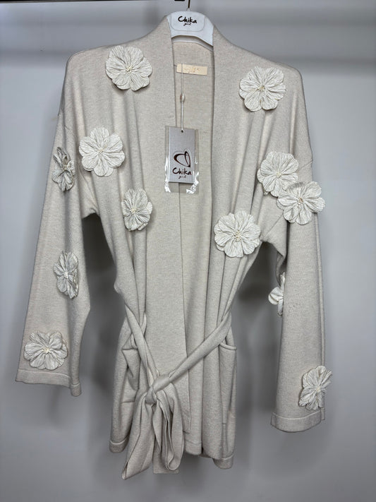 Cardigan con Fiori, Chika - Panna/Nero