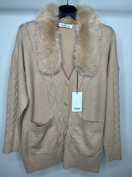 Cardigan con Collo di Pelliccia, Lulua - Beige/Nero