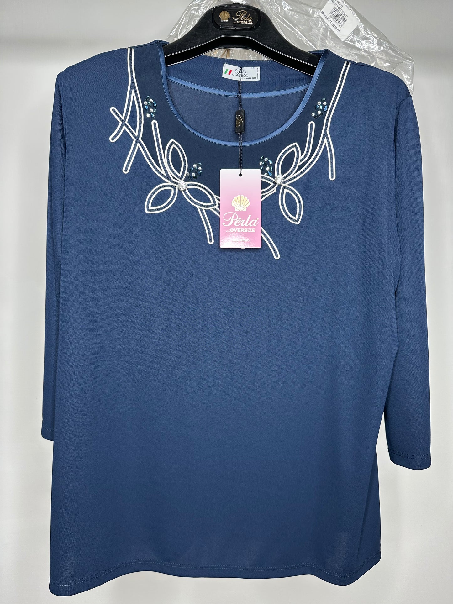 Maglia con Brillantini al Collo, Perla - Blu