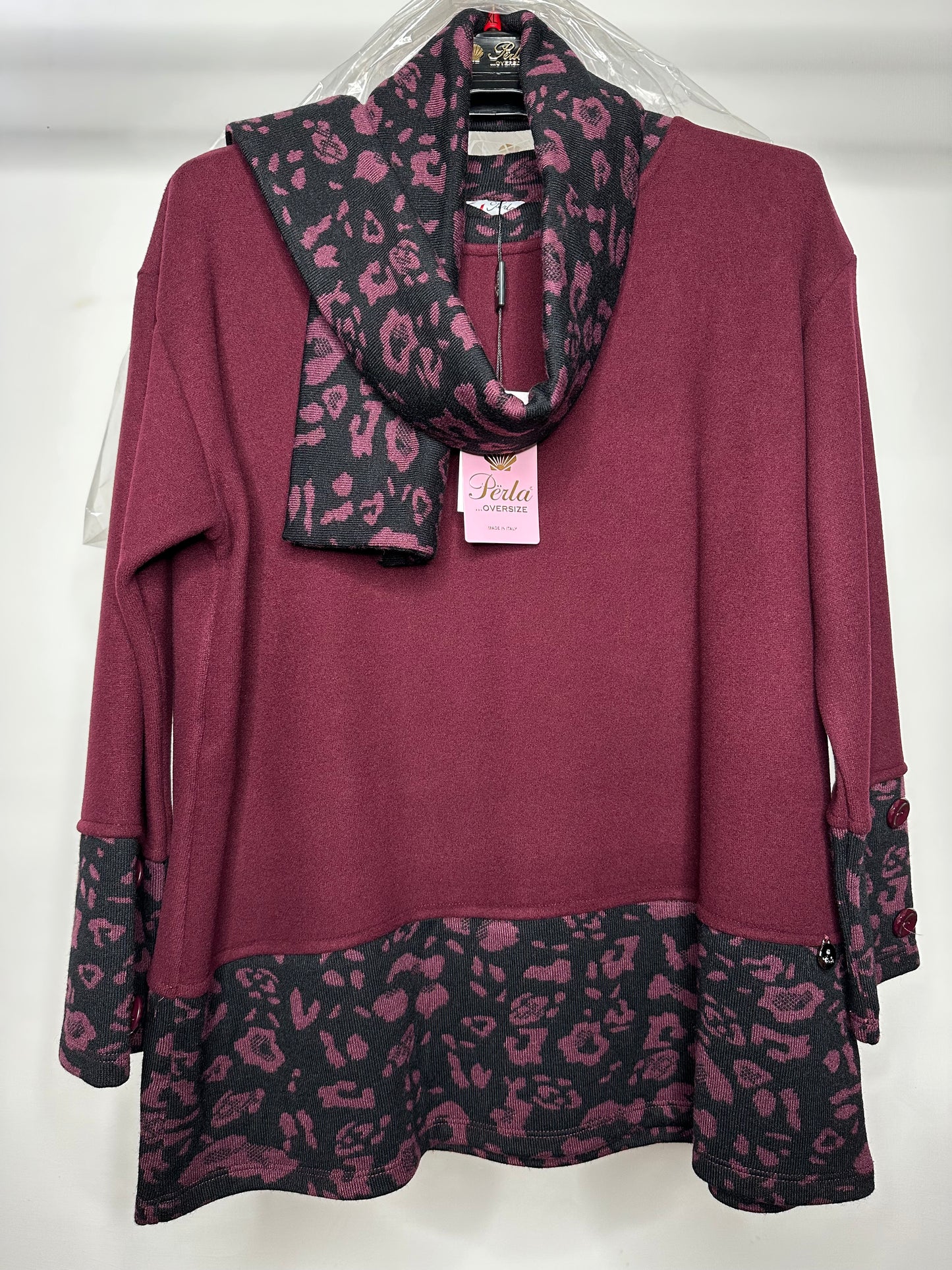 Maglia con Sciarpa, Perla - Bordeaux/Nero