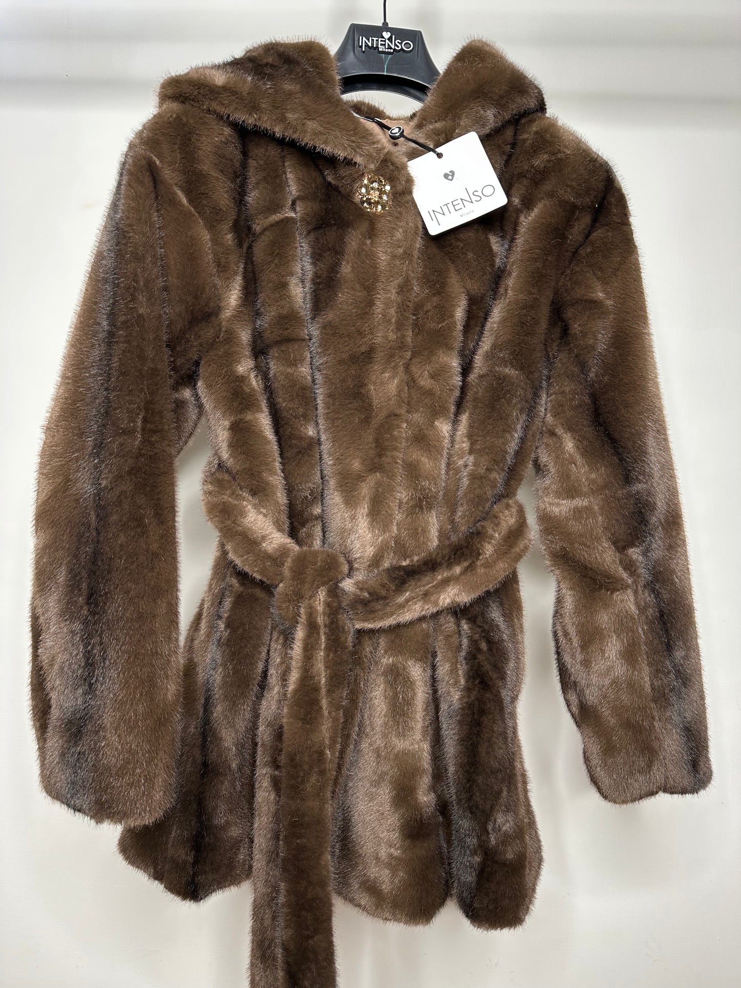 Pelliccia con Gioiello e Cappuccio, Intenso - Marrone