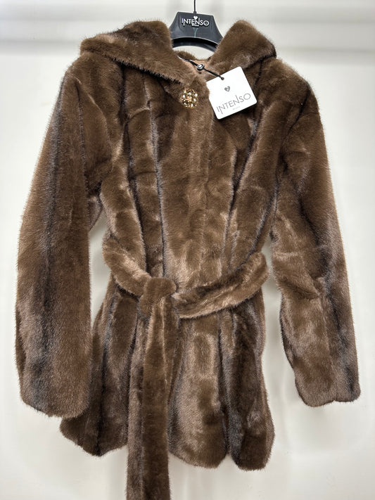 Pelliccia con Gioiello e Cappuccio, Intenso - Marrone