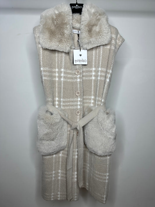 Smanicato con Collo e Tasche di Pelliccia, Intenso - Beige