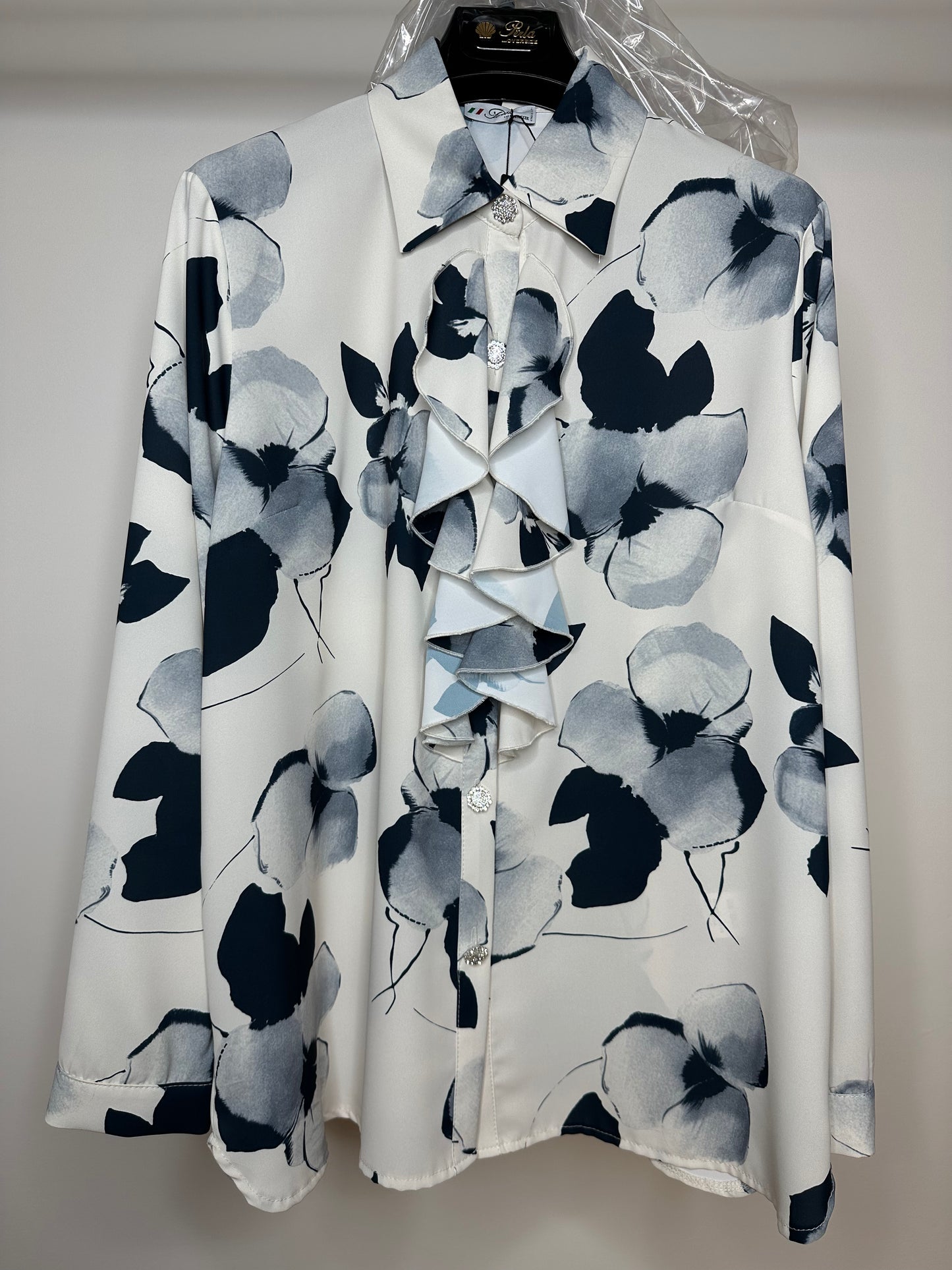 Camicia con Bottoni al Collo, Perla - Blu