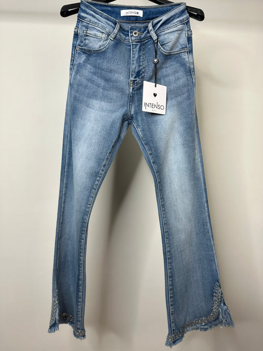 Jeans Elasticizzati Sfrangiati con Swarovski alla Caviglia, Intenso - Jeans