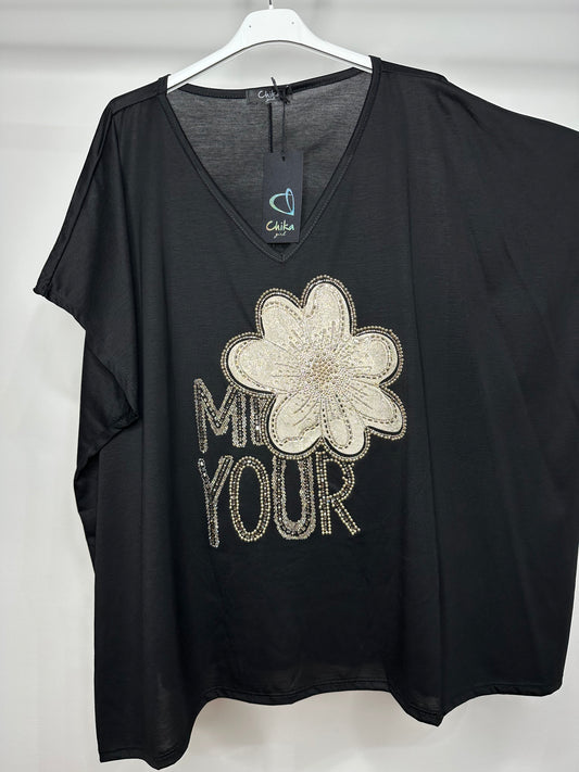 Maglia con Fiore Over - Nero/Sabbia/Panna