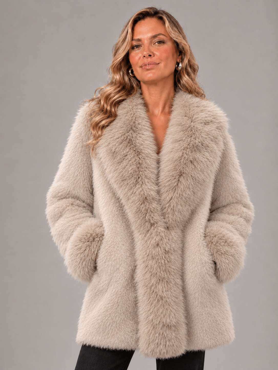 Cappotto in Pelliccia con Tasche - Crema/Marrone