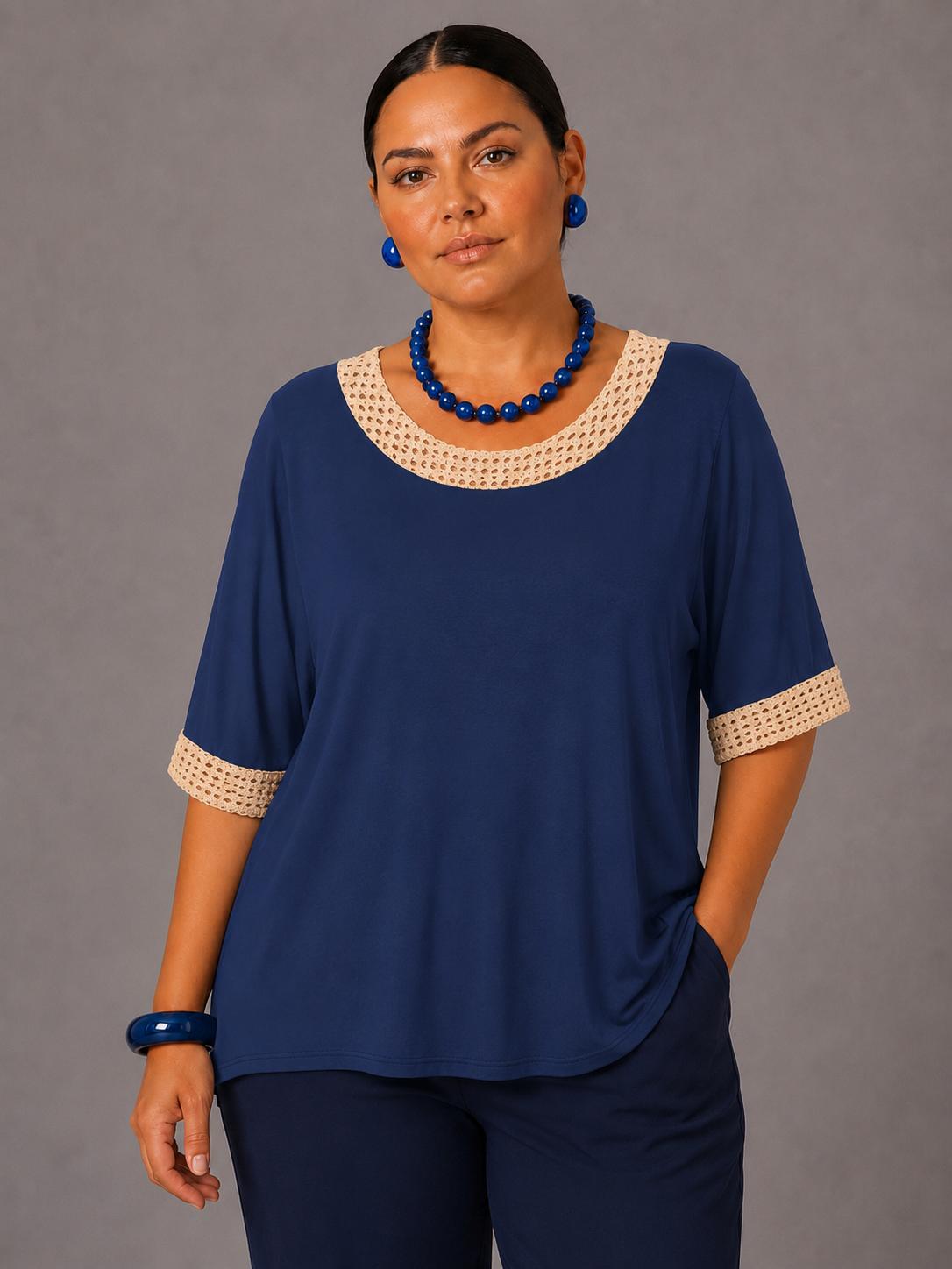 Maglia Con Ricamo Al Collo - Marrone/Blu/Beige